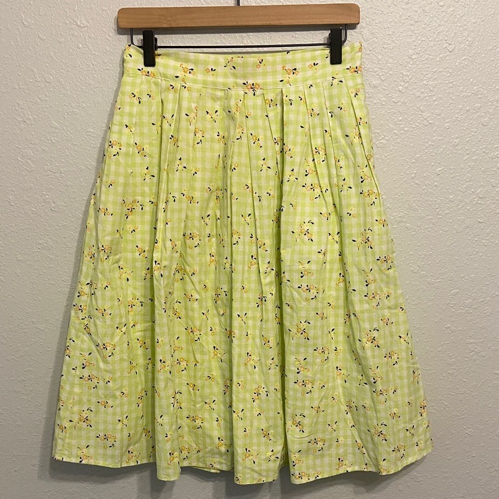 Modcloth Lime Green Checkered Floral Imagine The Possibilities Skirt Size 6